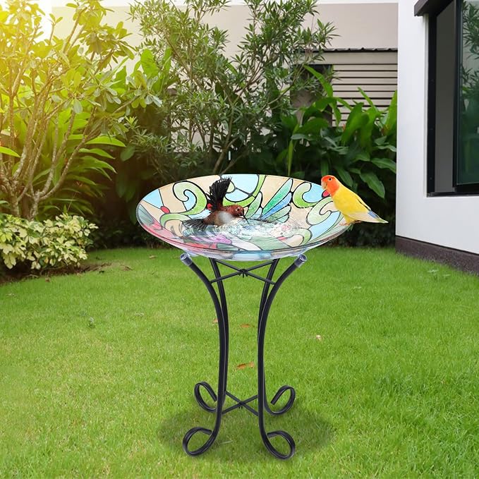 MUMTOP Bird Bath-Bird Baths for Outdoors - Hummingbird Large Bird Bath Bowl with Metal Stand, Glass BirdBaths for the Garden Lawn Yard Decor
