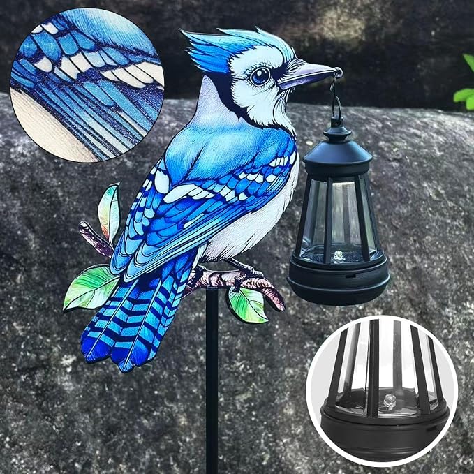 2 Pack Solar Lanterns Outdoor Decor Solar Bule Jay Lanterns Solar Cardinal Redbird Lights Metal Stake Yard Garden Decor Art Figurine Waterproof LED Lights Gifts for Mom Grandma Women(Blue Jay)