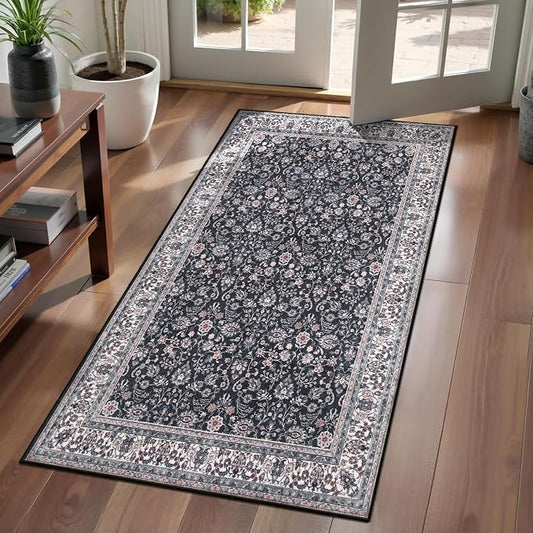 Ciicool Boho Black 2x4 Runner Rug Entrance Small Rug Vintage Floral Soft Non-Slip Kitchen Washable Area Rugs for Hallway Foyer Bathroom Laundry Room Bedroom Decoration