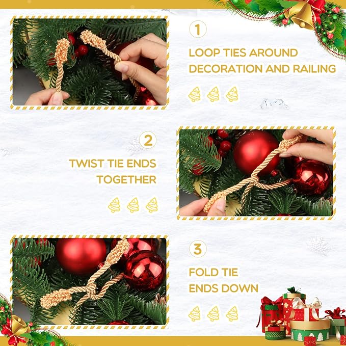 Zhengmy 16 Pcs 20 Inches Christmas Garland Ties Christmas Decorative Twist Ties for Banister Reusable and Flexible Twist for Xmas Home Decorations Holiday Craft Wrapping (Gold)