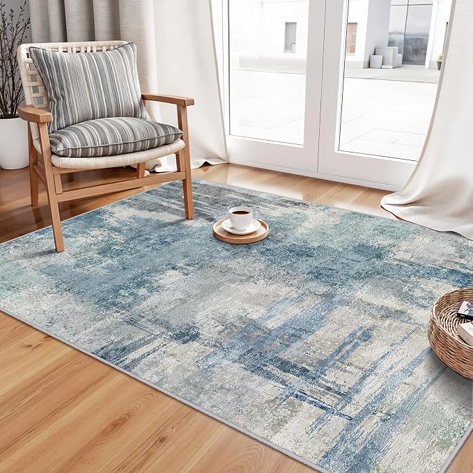 Abstract 3x5 Entryway Area Rugs: Machine Washable Anti-Slip Cozy Rug Blue | Soft Low Pile Small Modern Carpet for Bedroom, Entryway, Kitchen - Indoor Floor Mat Home Decor 3x5 Blue