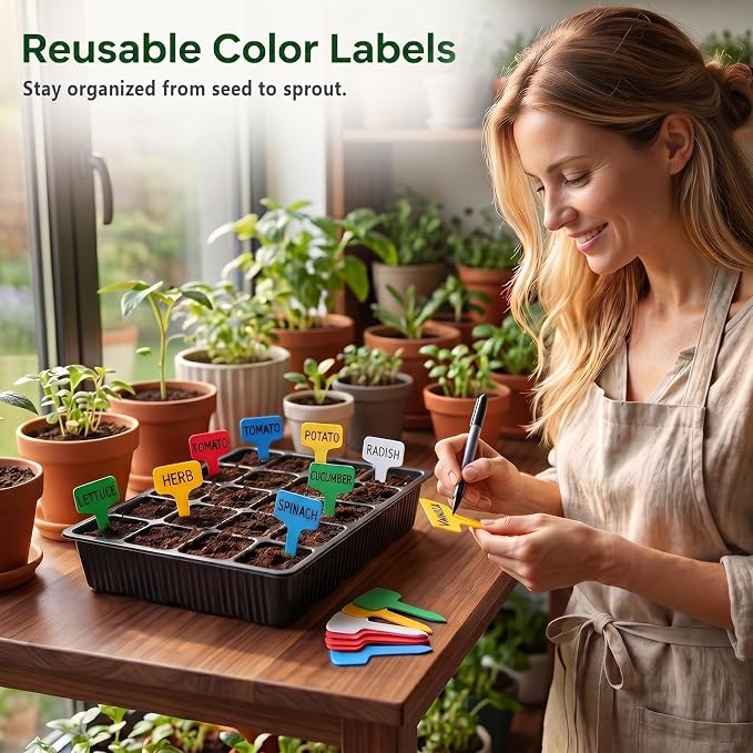 Square Nursery Pots 2 Layers with Drainage, 100 Cell Seeding Tray, 5 Packs | Double-layer Drainage Design Seed Starter Tray, More Durable for Reusable, Coloful Plant Lables