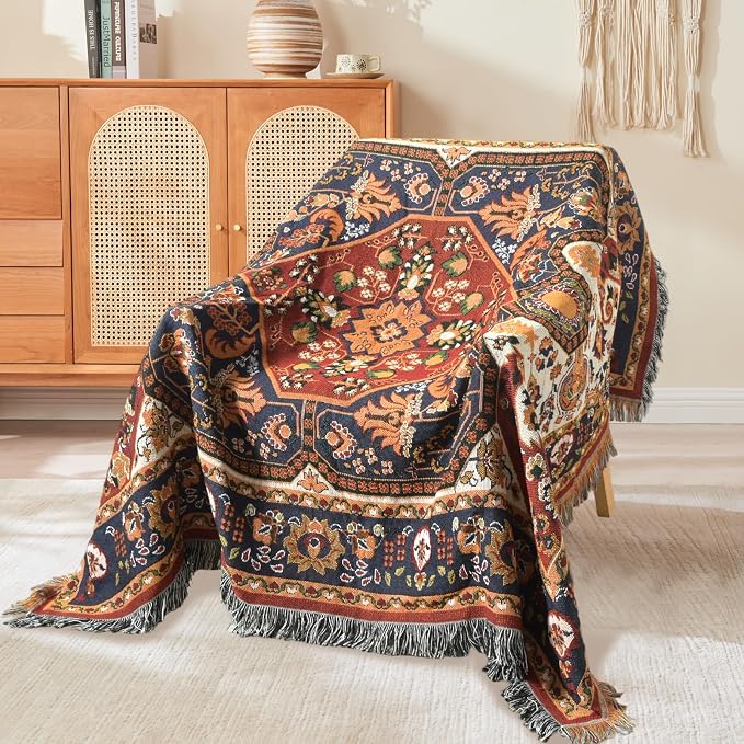 Boho Throw Blanket Reversible Cotton Bohemian Tapestry Hippie Room Decor Outdoor Blanket Double Sided (Boho Patten 50"x60")