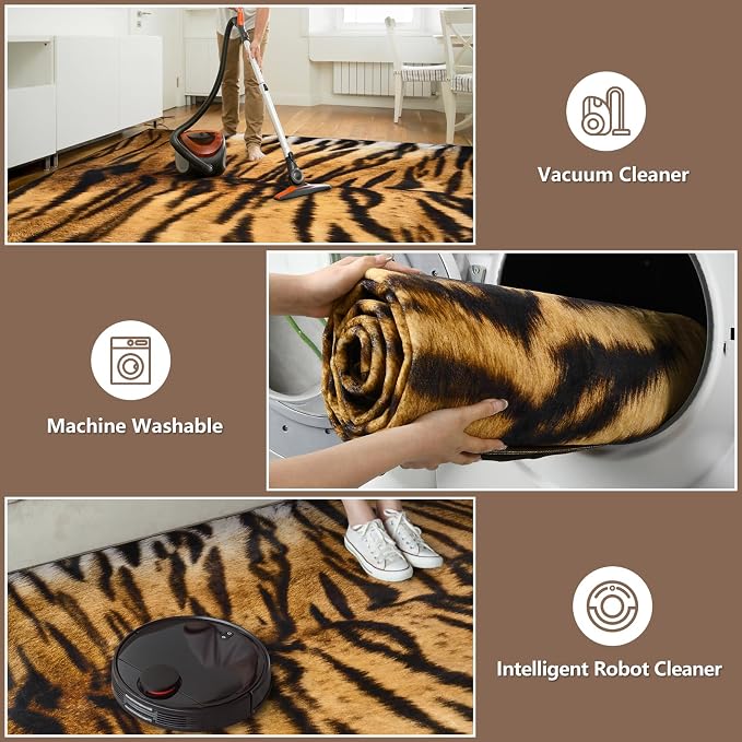 DweIke Tiger Rugs for Living Room, 6x9 Large Soft Faux Animal Tiger Print Area Rug, Washable Non-Slip Stain Resistant Throw Carpet for Dining Room Office Western Home Decor
