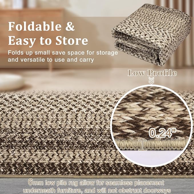 RUGSREAL Entryway Rug 2x3 Small Bedroom Washable Rus with Rubber Backing | Living Room Non Slip Bathroom Mat Stain Resistant Braided Print Carpet for Dining Room Kitchen Hallway, Camel
