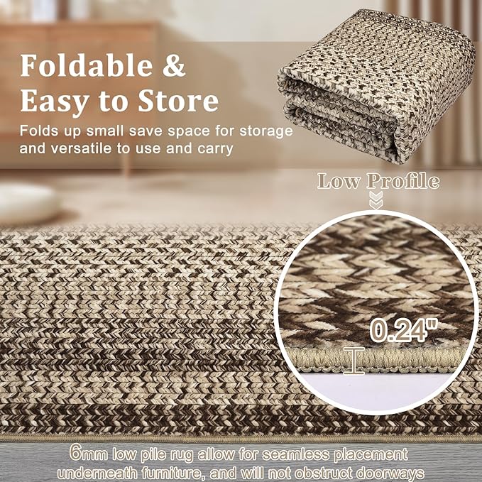RUGSREAL Washable 2x10 Runner Rug for Hallway Kitchen Modern Runner Rugs | Long Runner Throw Carpet with Rubber Backing, Stain Resistant Braided Printed Entryway Carpet for Bedroom Living Room, Camel