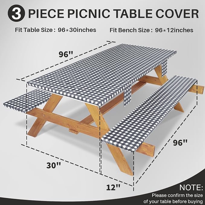 Jobunai 3 Piece Fitted Elastic Picnic Table Cover with Bench Covers 96x30 Inch Weather Proof Outdoor Table Cloth Summer Motorhome Patio Vacation Things White Elephant Gifts for Her Who Have Everything