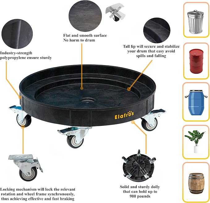 ELAFROS 30 Gallon and 55 Gallon Heavy Duty Plastic Drum Dolly – Durable Plastic Drum Cart 900 lb. Capacity- Barrel Dolly with 5 Swivel Casters Wheel, Black, with Brake