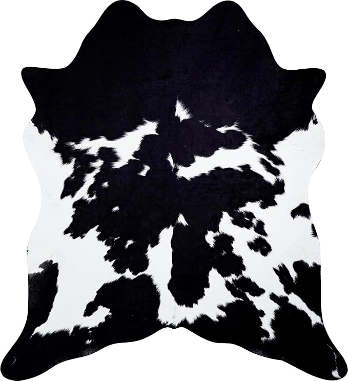 Black Cowhide Rug 5.2x6.2 ft Cow Hide Rug Washable Area Rug Wall Decor | Cow Print Rug Western Rugs for Bedroom Living Room Dining Room Decor Animal Print Carpets-No Fur
