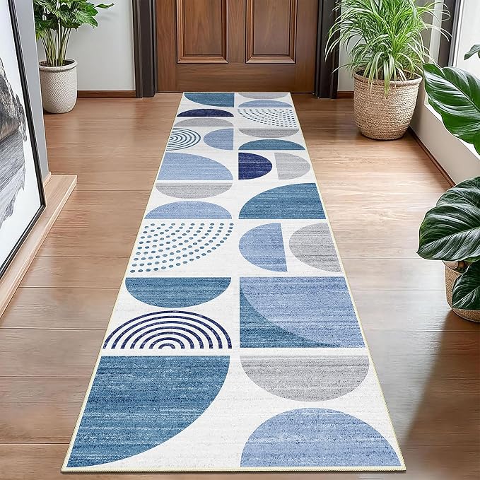 Runner Rug Washable,Blue 2x8 Area Rugs Non Slip Modern Abstract | Long Throw Carpet for Hallways Kitchen Bedroom Entryway Bathroom Laundry Boho Soft Low Pile Floor Indoor Bohemian Navy Blue