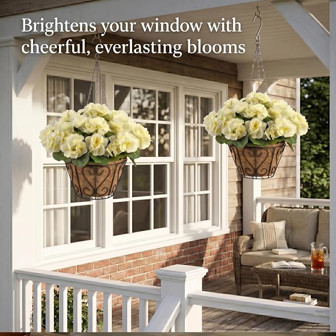 2 Pack Artificial Geraniums Flowers with Hanging Baskets,UV Resistant Silk Faux White Geranium Flowers with Hanging Planters for Outdoor Patio Balcony Front Porch Garden Home Decor