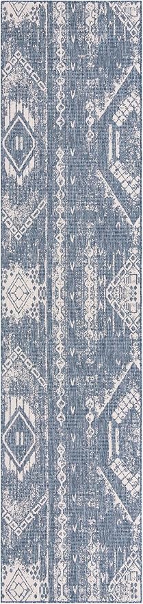 Unique Loom Outdoor Bohemian Collection Area Rug - Anthro (3' 3" x 14' 1" Runner, Blue/ Ivory)