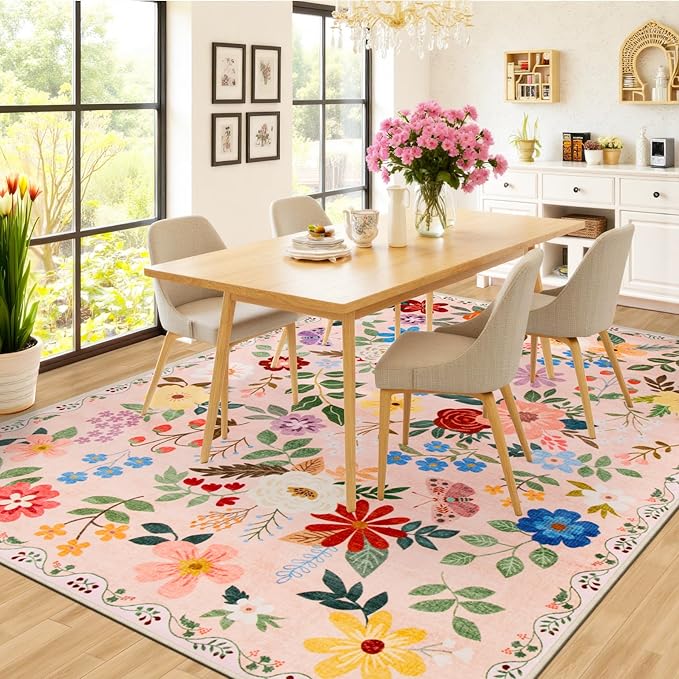 PLHXFR Area Rug Living Room: 5x7 Floral Washable Boho Soft Carpet Beige | For Bedroom Dining Room Farmhouse Nursery Hallway,Vintage Floral,Machine washable,Non Slip,Stain Resistant,Large Indoor