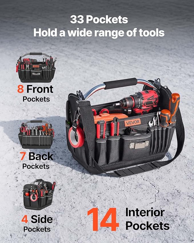 VEVOR Tool Bag, 13 Inch, 33-Pocket Open Top Tool Tote, Portable Electrical Maintenance Toolbox Organizer Storage with Hard Plastic Base, Adjustable Shoulder Strap, for Professionals DIY & Jobsite Use