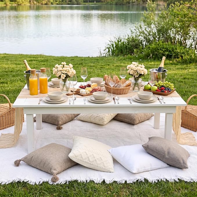 Yuntau Large Outdoor Boho Picnic Blanket with Table Runner 8 Pink White Red Pillows Covers No Pillow Summer Picnic Decor for Camp Birthday Party Bridal Shower Outdoor Backyard Garden(Khaki)