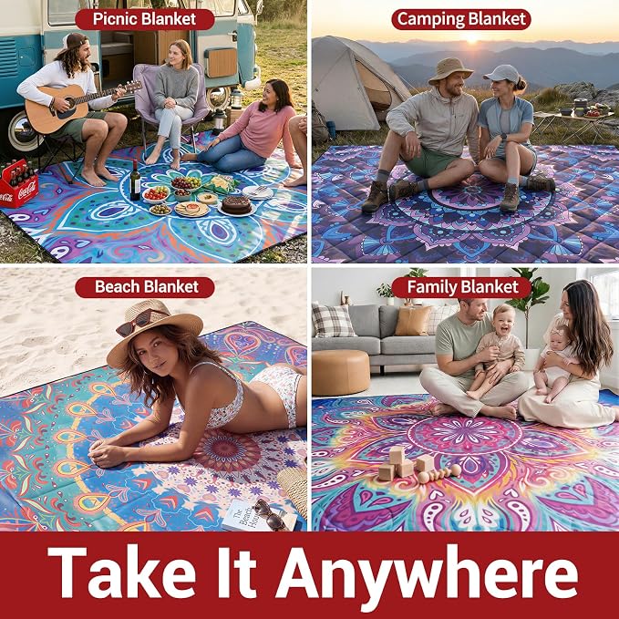 80x80" Picnic Blankets Waterproof Beach Blanket Outdoor Sandproof Foldable Park Lawn Grass Concert Mat Portable Tent Rugs Camper Inside Outside Camping Gifts Accessories Road Trip Necessities