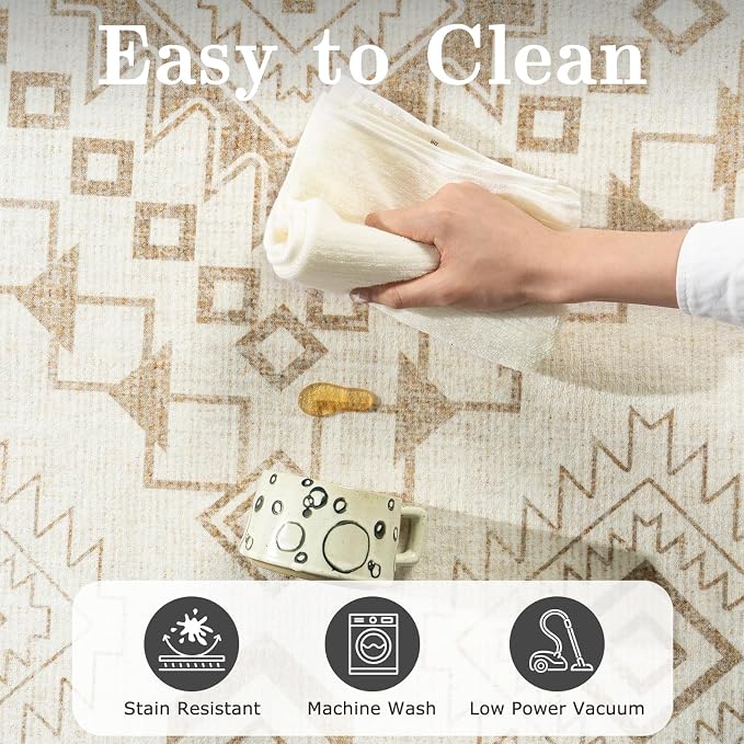 5x7 Western Rustic Aztec Area Rug for Living Room Bedroom Dining Room | 5x7 Southwestern Tribal Warm Beige Low Pile Faux Wool Rug, Machine Washable Non-Slip Carpet for Living Room Dining Bedroom