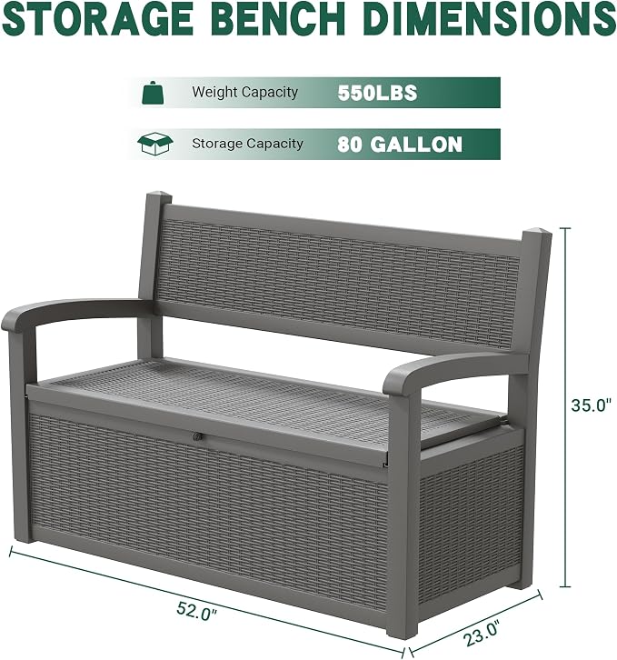 80 Gallon Outdoor Storage Bench, Resin Patio Storage Bench with Armrest, Lockable Deck Boxes Outdoor Waterproof and UV Resistant for Patio Cushions, Garden Tools and Pool Supplies, Grey