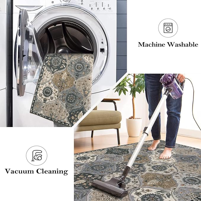 Lahome Moroccan Washable Runner Rug Non Slip, 2x10 Runner Rugs for Hallway | 2x10 Vintage Ultra-Thin Throw Long Carpet for Kitchen Entryway Bedroom Laundry Room Elise, Grey