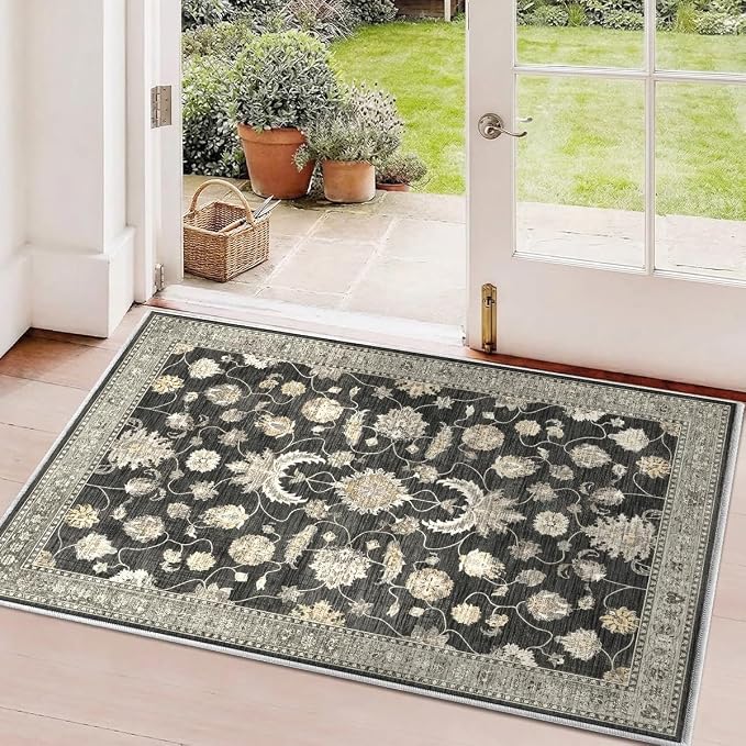 2x3 Area Rug Washable Vintage: Non Slip Throw Rugs for Entryway | Indoor Door Mat for Kitchen Soft Low Pile Thin Small Carpet for Hallway Bedroom Dining Room Home Office Decor