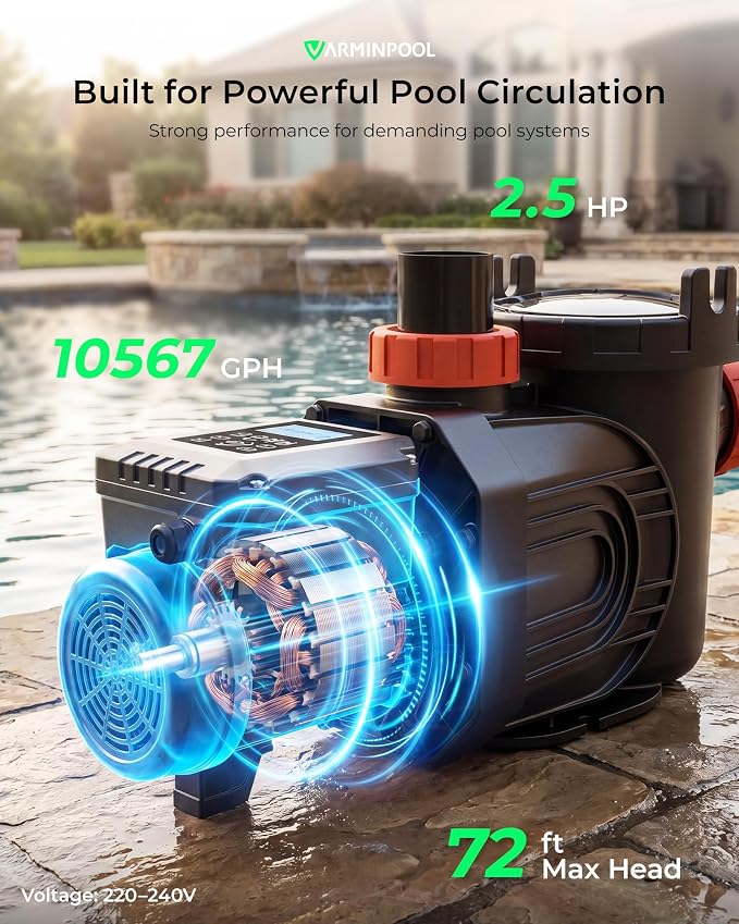 Variable Speed Pool Pump Inground, 2.5HP, 10567GPH High Flow Energy Efficient Pool Pump for Above Ground Pool, Programmable Timer, Rain Cover, 220V, Large Filter Basket