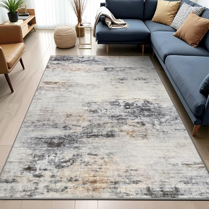 Toneed 4x6 Washable Non Slip Area Rugs for Bedroom Living Room, Grey/Brown | Abstract Soft Modern Low Pile Rug for Kitchen Hallway Office,Indoor Carpet for Kids Nursery Home Decor