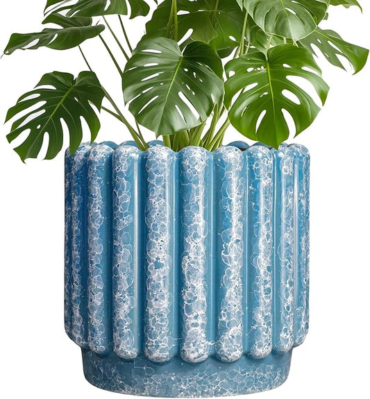 Ceramicfor Ceramic Planter, 9.6 Inch, Blue | Drainage Hole, Fluted Decorative Round, Indoor & Outdoor Plants, Front Door Decor, Housewarming Gifts