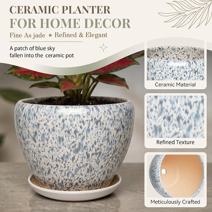 7.5 Inch Ceramic Plant Pot with Drainage Hole Mesh Net,Modern Gardening Pots for Indoor Plants with Saucer, Spotted Blue