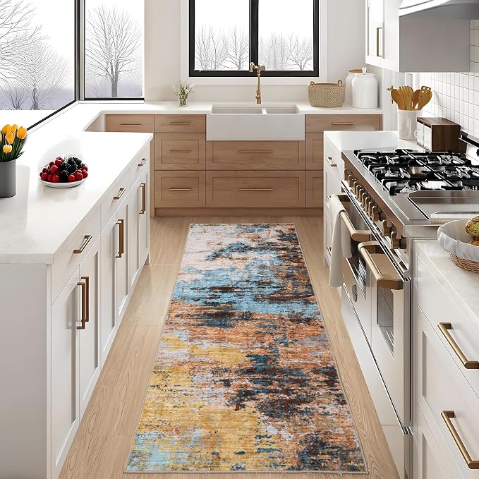 GarveeHome Machine Washable Runner Abstract Hallway Rugs 2x6 Yellow | Non-Slip Backing, Stain-Resistant Low Pile Floor Cover, Colorful Indoor Mat, Bedroom, Kitchen, Laundry