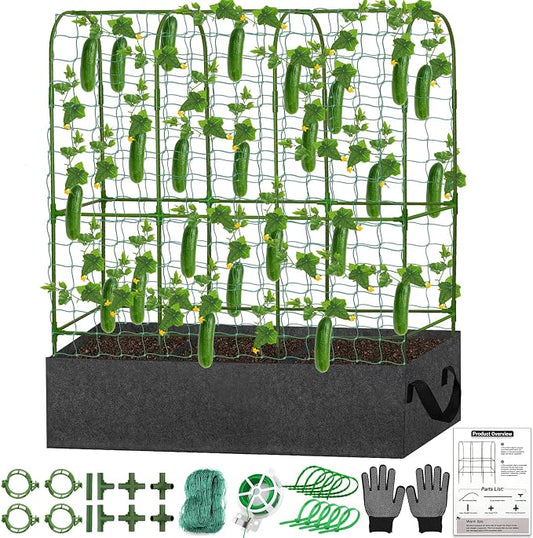 U-Shape Cucumber Trellis with Fabric Raised Garden Bed 65x50 Inch Metal Garden Arch Trellis with Net, Climbing Plants Vegetables Heavy-Duty Outdoor Plant Support for Pea, Grape, Squash, Tomatoes
