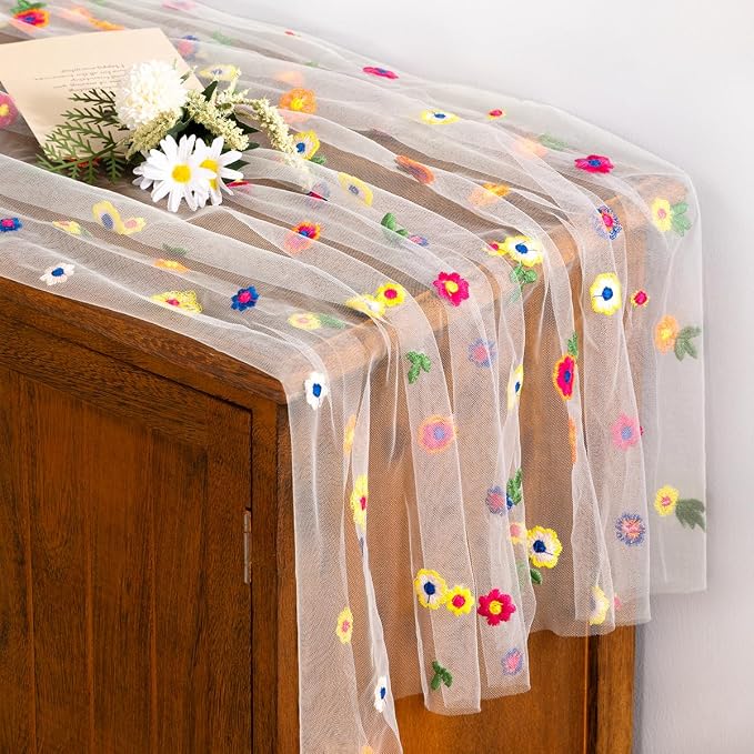 Socomi Flower Table Runner Summer Daisy Floral Tulle Gauze Cheesecloth Embroidery Table Runners for Tea Party Garden Wedding Bridal Baby Shower Birthday Picnic Decor Ivory 1pc