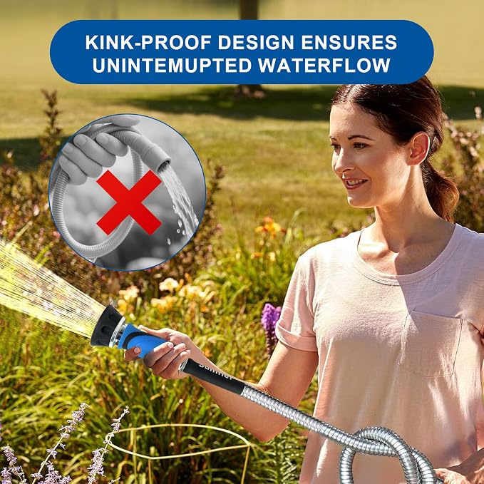 Metal Garden Hose 25 Ft Flexible Stainless Steel Garden Hose Lightweight, Heavy Duty Water Hose With High Pressure Hose Nozzle Sprayer for Garden, Lawn(25 FT)