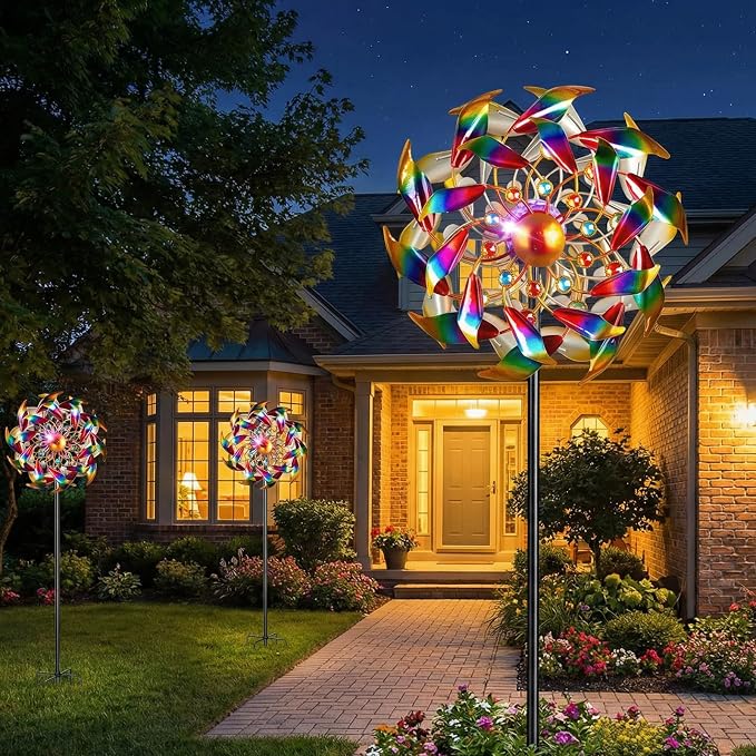 Solar Wind Spinners for Yard and Garden - 360° Metal Large Wind Sculptures Outdoor Clearance Kinetic Windmills with 4 Layer Jeweled Blades for Patio, Lawn Garden Decoration - 54Inch