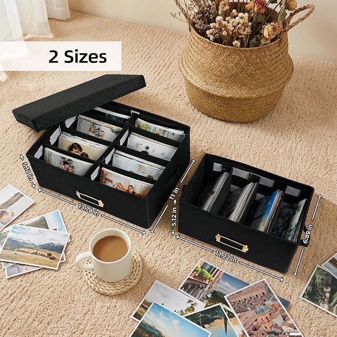 Linen Photo Storage Box with Adjustable Hook and Loop Dividers, Holds 1700 4"x6" Photos, Collapsible Picture Organizer with Handle and Label Stickers, Memory Keepsake Box for Women, Black