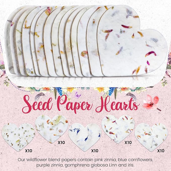 Dunzoom 50 Pcs Handmade Seed Paper Plantable Wildflower Seed Paper Recycled Flower Petals Tags Wedding Favors for Guests Craft Gifts Cards for Envelope Birthday Party, 5 Styles (Heart)