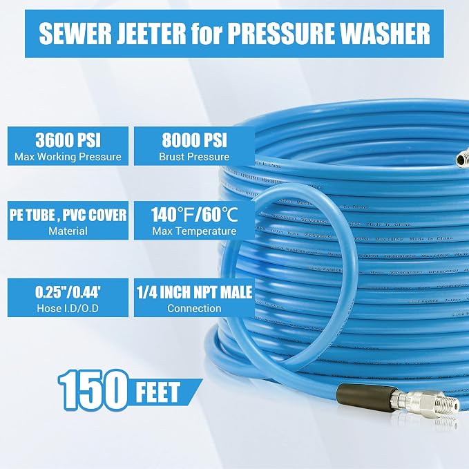 RIDGE WASHER Sewer Jetter Kit for Pressure Washer 150FT, 3600 PSI Drain Cleaning Hose with Short Power Washer Gun, 1/4 Inch NPT Corner, Rotating and Button Nose Sewer Jetting Nozzle