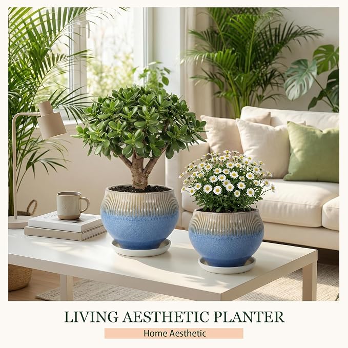 8.3 Inch Modern Ceramic Plant Pot with Drainage Hole and Mesh Net, Indoor Outdoor Planter with Saucer & Gardening Glove, Pots for Succulents, Flowers, Large Plants, Blue