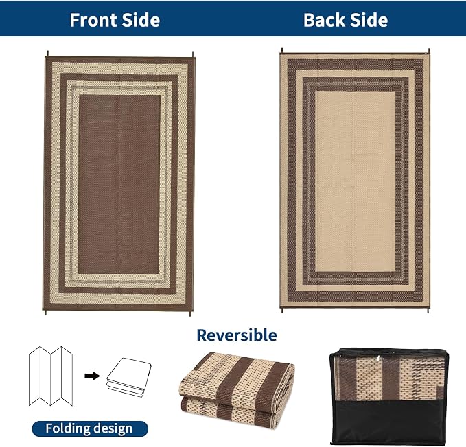 Garvee 9x12 Outdoor Rug for Patio Plastic Straw Rug Waterproof Reversible Mat Lightweight Foldable Carpet Easy Clean Large Rugs for Patio Porch Backyard Camping RV Beach Balcony Deck Panel Coffee