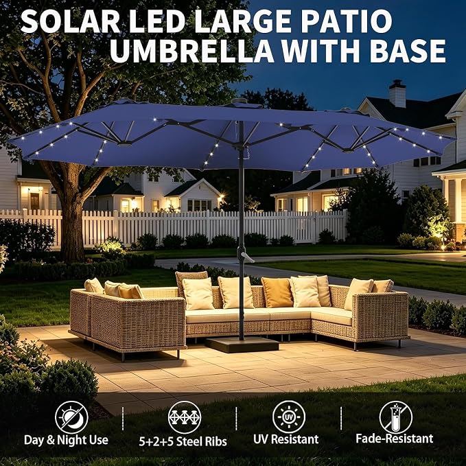 DomeShade 15 Ft Patio Umbrella with Solar Lights,Base Included,Sun Shades Outdoor Patio Parasol,Large Table Outdoor Umbrella,36 LED Lights,Awnings for Outside,Backyard Umbrella,Navy Blue