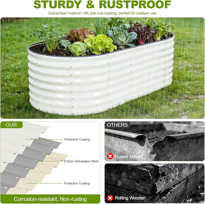 24" Tall Galvanized Raised Garden Bed Outdoor, 6x3x2ft Deep Metal Planter Box with Safety Edging & Support Bars, Large Oval Raised Beds for Gardening Plants Vegetables Herbs Flowers (White)