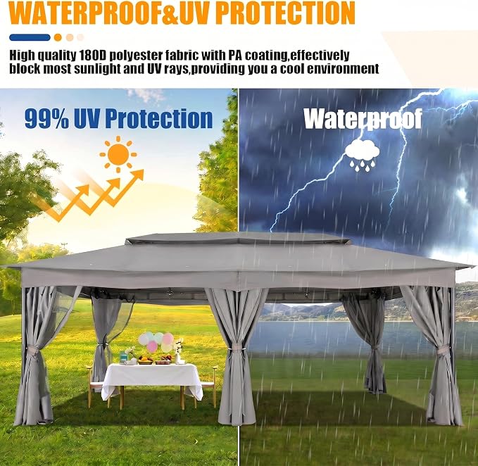 COBIZI Gazebo 12x20 FT Outdoor Gazebo on Clearance with Double Ventilated Arc Roof, Privacy Curtains & Mosquito Netting, Easy Set up Canopy Tent with Stable Metal Frame for Patio Gray
