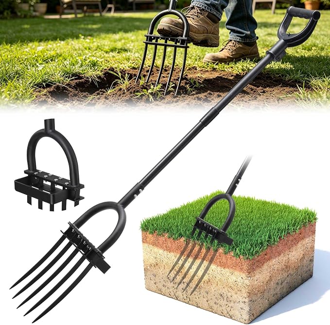 Broadfork Garden Tool, 55IN Pitch Fork for Gardening 5-Tine Heavy Duty Garden Fork with Ergonomic D-Grip Handle for Digging Loosening Soil Cultivating Weeding Composting