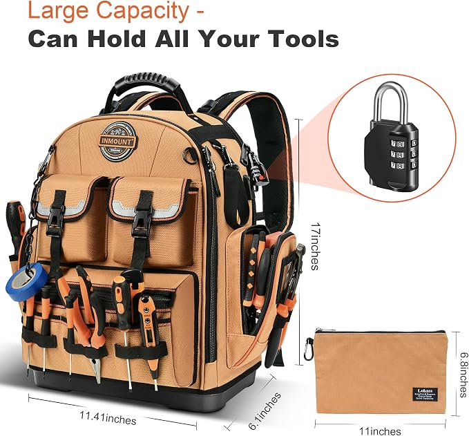 Tool Backpack with 2 Small Tool Bags – LOKASS Heavy Duty Backpack Tool Bag with Molded Base,1680D Tool Organizer with Laptop Compartment & Combination Lock, Water-Resistant Electrician & HVAC Tool Bag