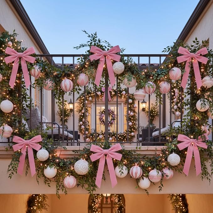 Soulchen 12 Pcs 20 Inches Christmas Garland Ties with Large Velvet Bows Reusable Holiday Wreath Twist Tie Bows for Banister Christmas Tree Indoor Outdoor Party Decorations (Pink)