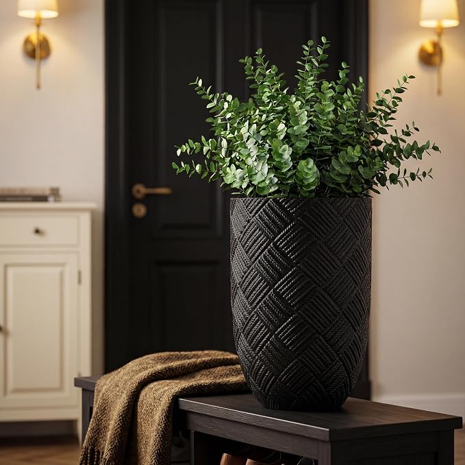 Oakrain 17.7" Tall Planter for Indoor Plants, Large Flower Pot with Handcrafted Herringbone Texture, Modern Floor Planter for Front Porch, Patio, Living Room, Black