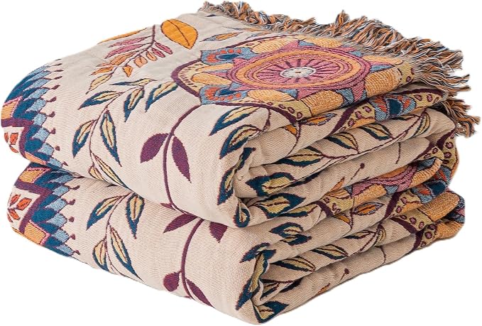Phuryllic Boho Throw Blanket Queen Size, Soft Cozy Cotton Muslin Quilt Blanket for Bed Decor, Floral Patterned Couch Sofa Chair Cover, Vintage Farmhouse Cottage Tapestry Woven Blanket, Beige&Blue