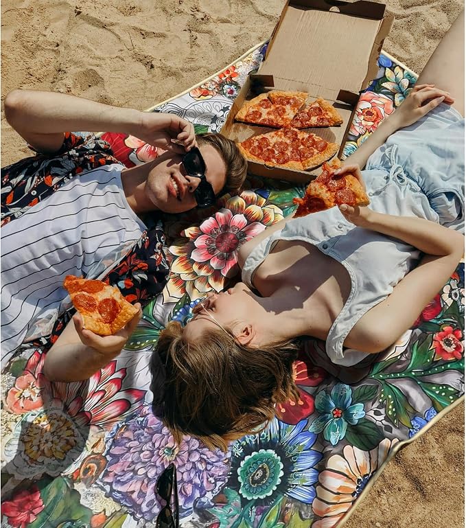 Picnic Blankets Extra Large Waterproof, 80"x 60" Flowers Beach Mat with Corner Pockets Windproof Sandproof Foldable Portable 3-Layer Mat Darker for Wet Grass,Parks,Music Festival,Camping,Concerts