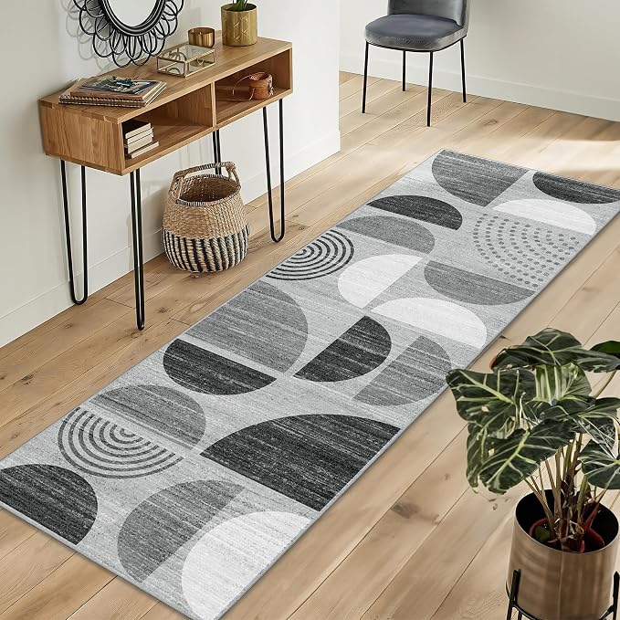 Runner Rug Washable,2x6 Area Rugs Non Slip Modern Abstract Boho | Long Throw Carpet for Hallways Kitchen Bathroom Bedroom Entryway Laundry Soft Low Pile Floor Indoor Bohemian Black and Grey