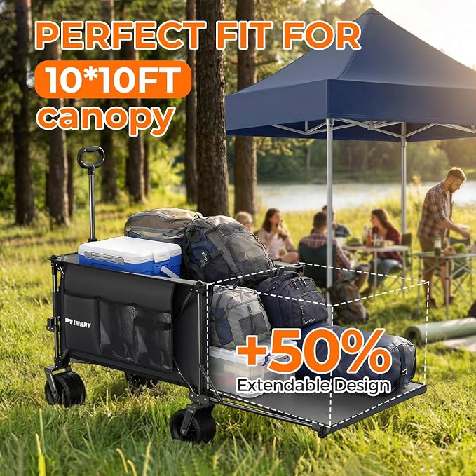 Collapsible Wagon with Tailgate, 55" Expandable 300L All-Terrain | 500 Lbs Heavy Duty, Utility Folding Wagon, 7"×4" Wheels, 360° Swivel & Brakes, Long Item Storage,Beach, Camping, Gardening
