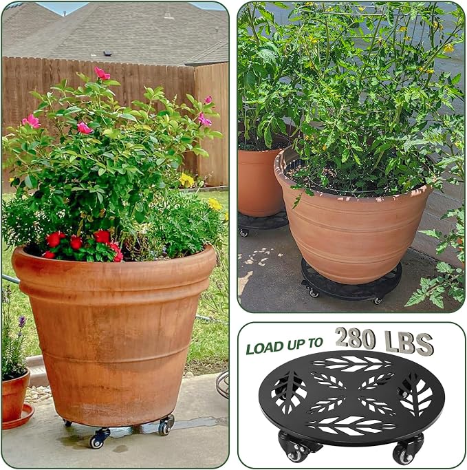 Planterhoma 2 Packs 12 Inch Rolling Plant Stand with Wheels Metal Plant Caddy with Wheels Heavy Duty Plant Rollers with Metal Wheels Round Wrought Iron Plant Stand with Clear Saucers, Glossy Black